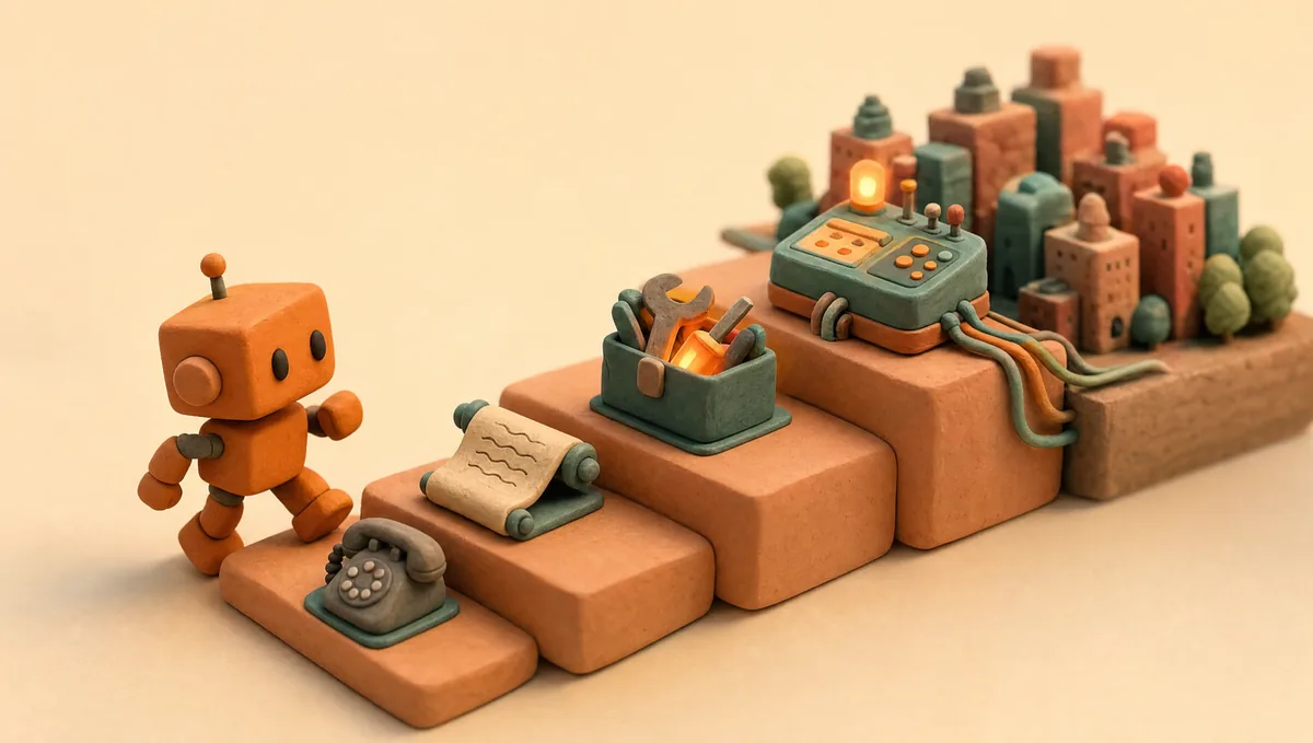 Clay diorama of Peach, the PeachDesk mascot, climbing four steps from a push-button phone toward a glowing control panel wired to a tiny city