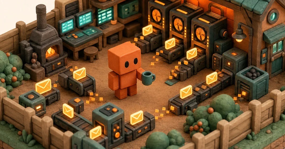 Clay diorama of Peach, the PeachDesk mascot, in a workshop where conveyor belts carry glowing message envelopes