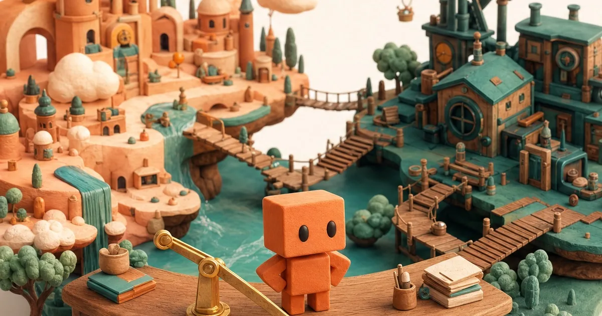 Clay diorama of Peach, the PeachDesk mascot, on a wooden deck between two miniature towns linked by bridges