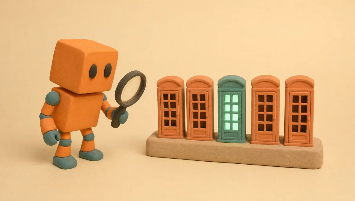 Clay diorama of Peach, the PeachDesk mascot, inspecting tiny clay telephone booths with a magnifying glass on a test bench