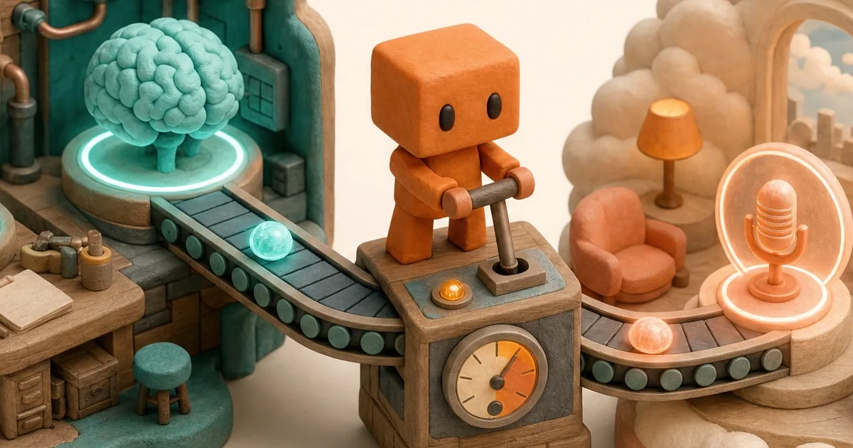 Clay diorama of Peach, the PeachDesk mascot, operating a pipeline carrying a glowing orb from a clay brain to a microphone