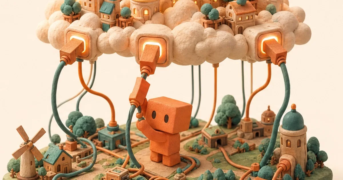 Clay diorama of Peach, the PeachDesk mascot, plugging glowing connectors into a clay cloud above a miniature village