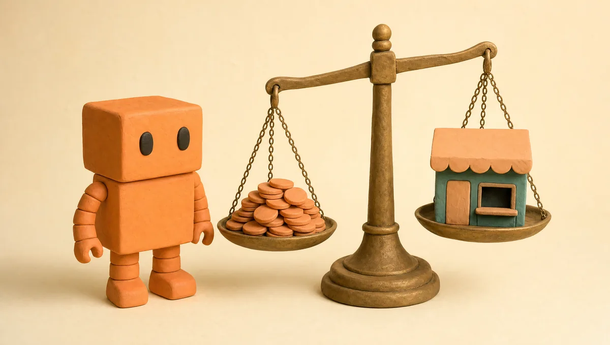 Clay diorama of Peach, the PeachDesk mascot, balancing a brass scale with clay coins on one side and a tiny shop on the other