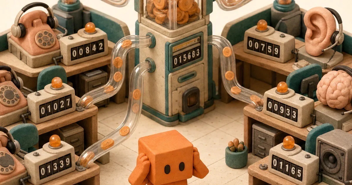 Clay diorama of coin meters metering telephone calls around Peach, the PeachDesk mascot
