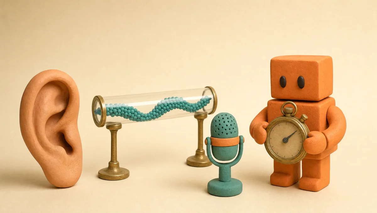Clay diorama of a clay-bead sound wave travelling through glass tubes from an ear to a microphone while Peach, the PeachDesk mascot, watches a stopwatch