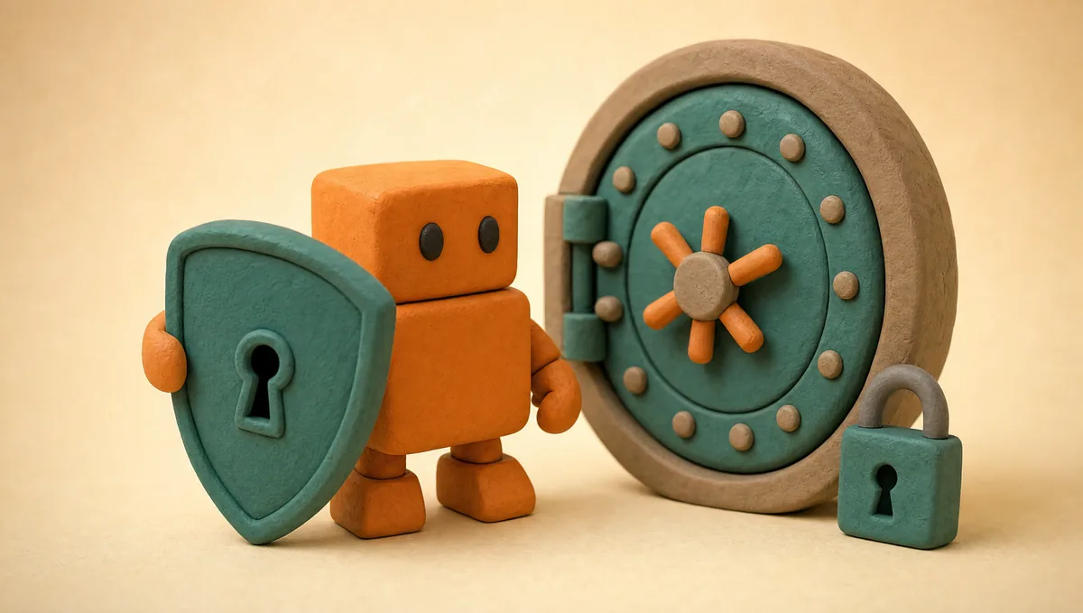 Clay diorama of Peach, the PeachDesk mascot, holding a teal shield beside a clay vault door and padlock