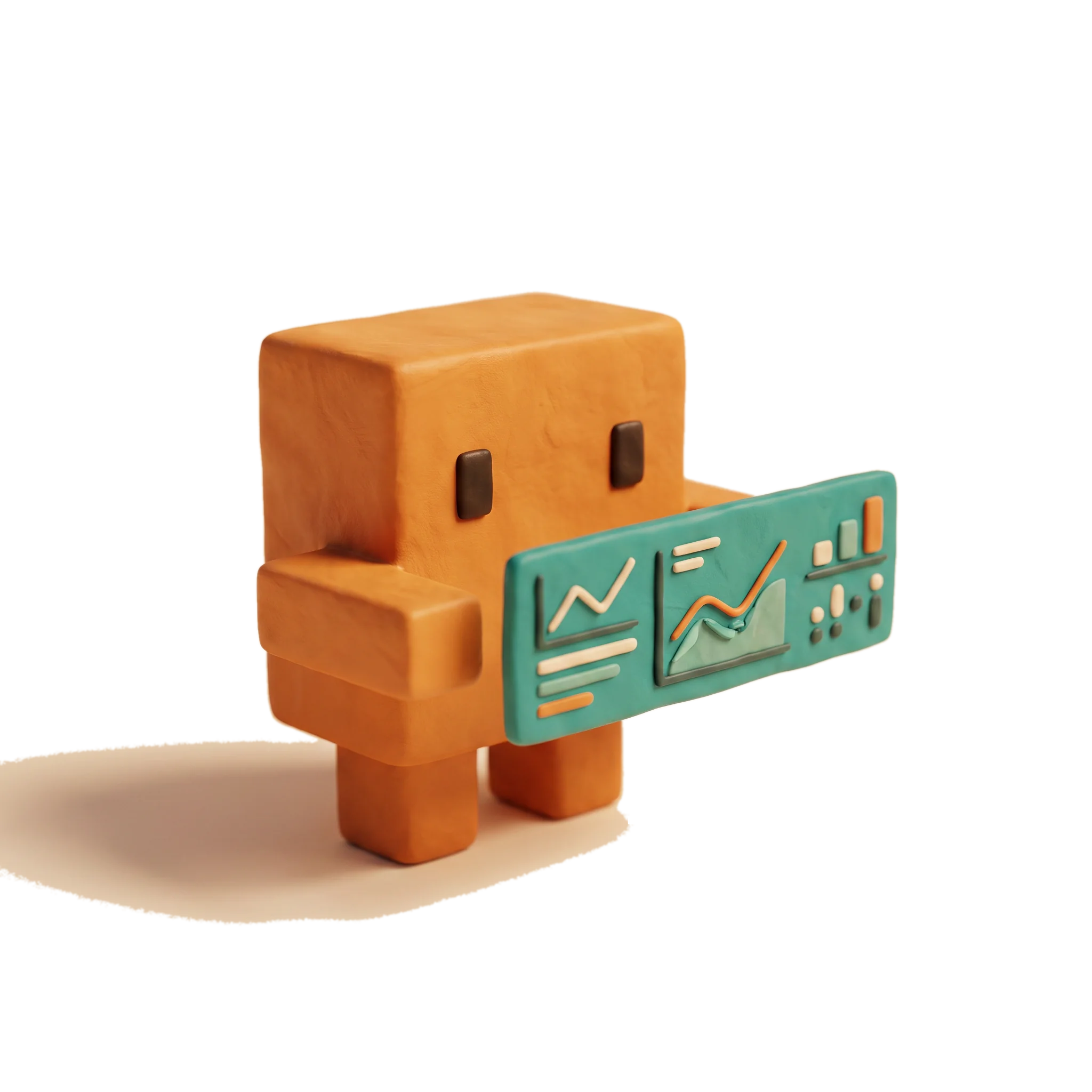 The PeachDesk mascot at an analytics dashboard, representing per-call cost and margin visibility for contact-centre operators