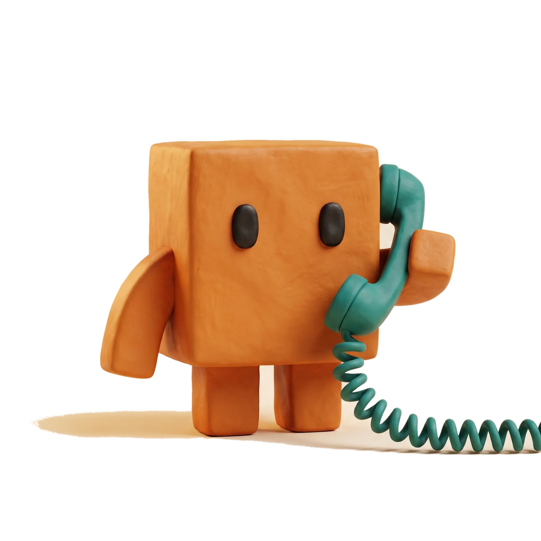 The PeachDesk mascot taking a call on a clay telephone